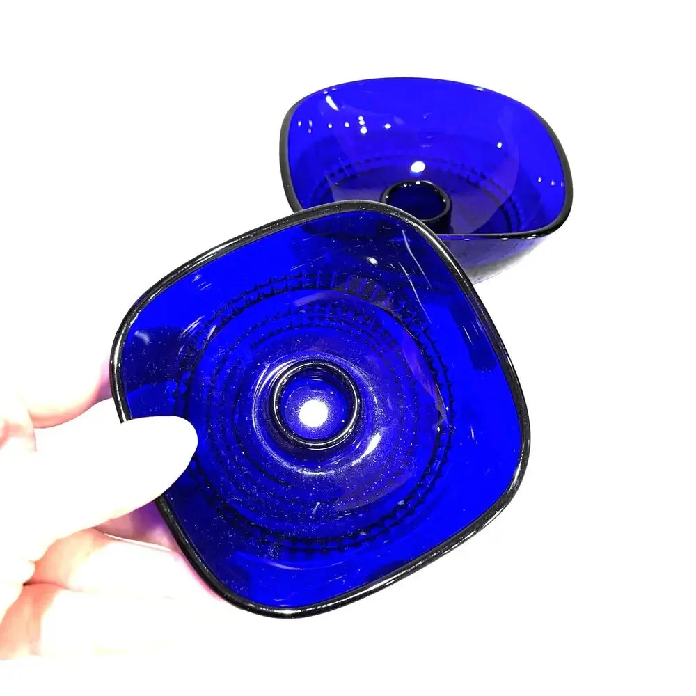 Cobalt blue Scandinavia Sweden Glass bowl candle holders pair AB Nybro Glasbruk